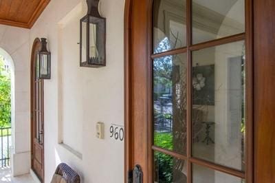 doorway with wooden ceiling