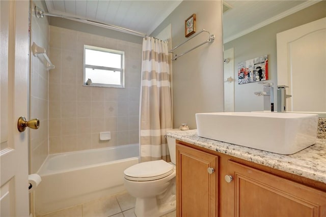 full bathroom with tile patterned floors, crown molding, toilet, vanity, and shower / tub combo