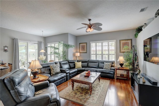 living room featuring dark hardwood / wood-style flooring, a textured ceiling, and a wealth of natural light