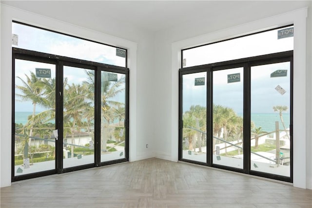 entryway with light parquet floors, a healthy amount of sunlight, and a water view