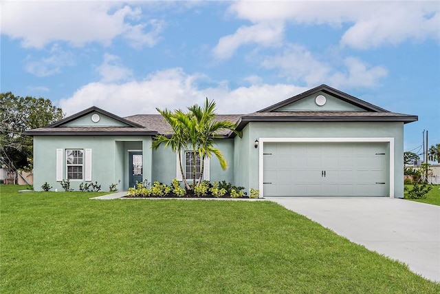 8255 97th Ave, Vero Beach, FL 32967 - ranch-style house featuring concrete driveway, stucco siding, a front yard, a garage, and a shingled roof