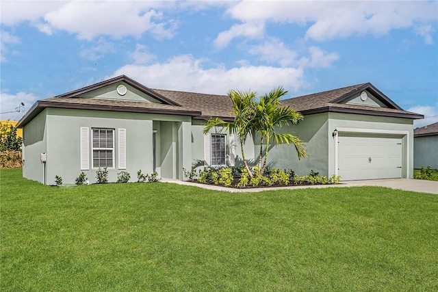 8255 97th Ave, Vero Beach, FL 32967 - ranch-style home with stucco siding, a front lawn, a garage, driveway, and a shingled roof