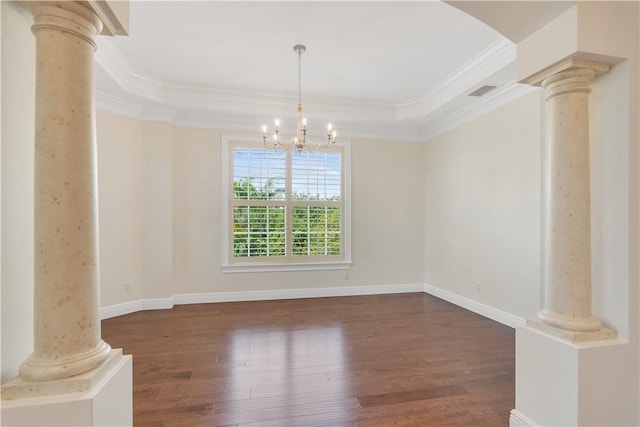 104 Island Plantation Ter Unit 304, Vero Beach, FL 32963 - unfurnished dining area with wood finished floors, ornate columns, visible vents, a chandelier, and ornamental molding