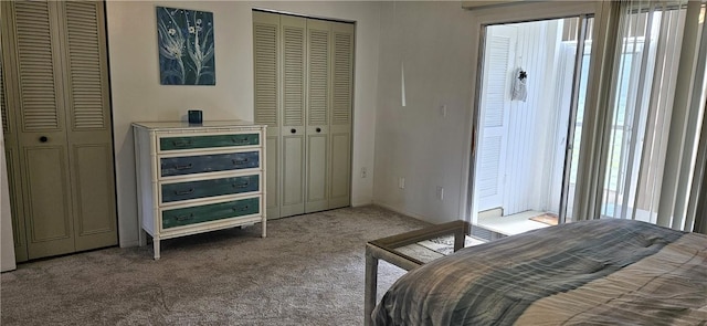 bedroom with carpet flooring and multiple closets