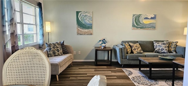 living area featuring baseboards and dark wood-style flooring