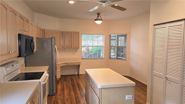 kitchen with white range with electric cooktop, ceiling fan, a kitchen island, dark hardwood / wood-style floors, and light brown cabinetry