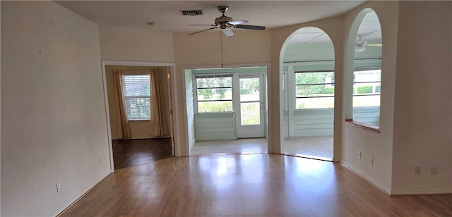 entryway featuring ceiling fan and light hardwood / wood-style flooring