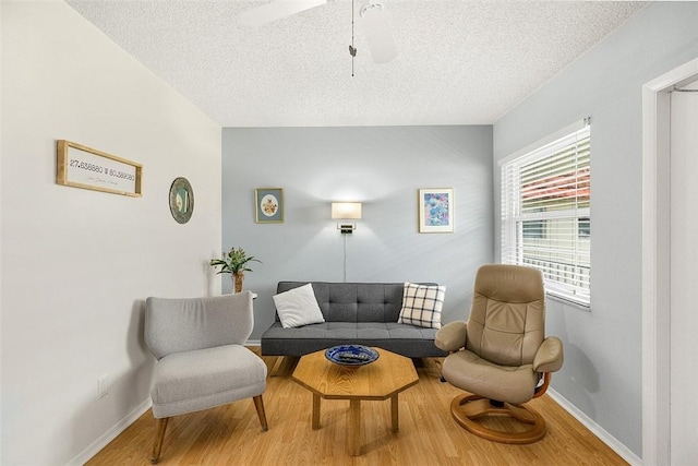 sitting room with wood-type flooring and a textured ceiling