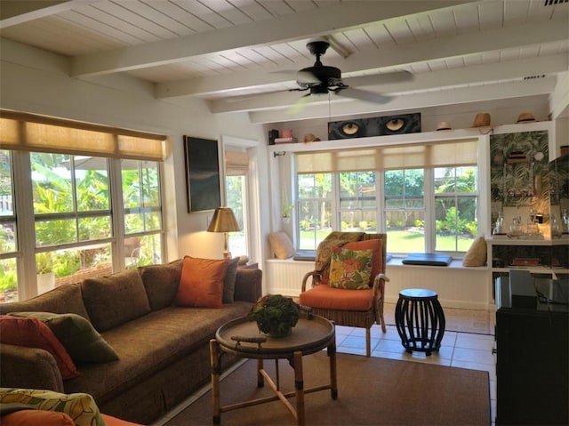 2136 33rd Ave, Vero Beach, FL 32960 - tiled living room featuring ceiling fan and beam ceiling