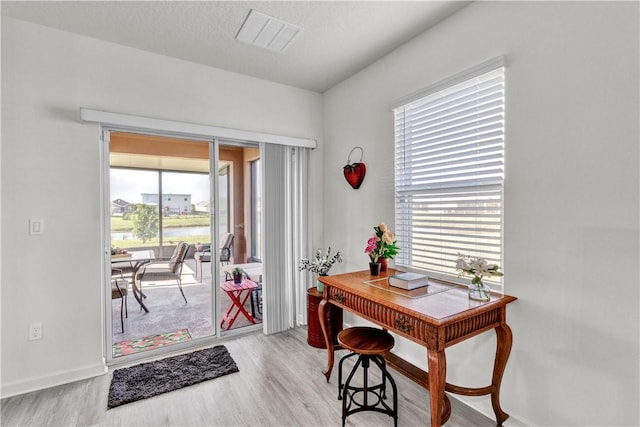 interior space featuring light hardwood / wood-style floors, a textured ceiling, and a wealth of natural light