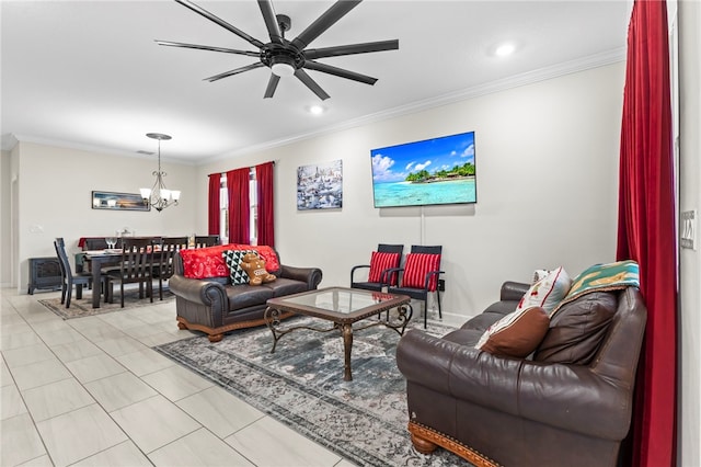 living room with light tile patterned floors, recessed lighting, crown molding, and ceiling fan with notable chandelier