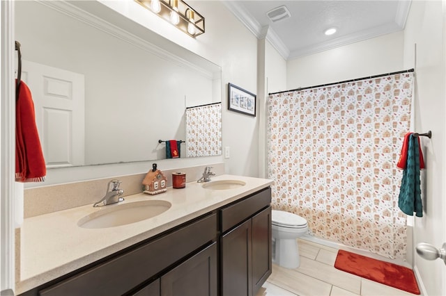 full bathroom featuring a sink, toilet, ornamental molding, and double vanity