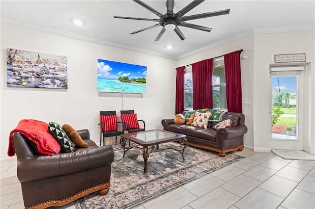 tiled living room featuring recessed lighting, baseboards, ceiling fan, and crown molding