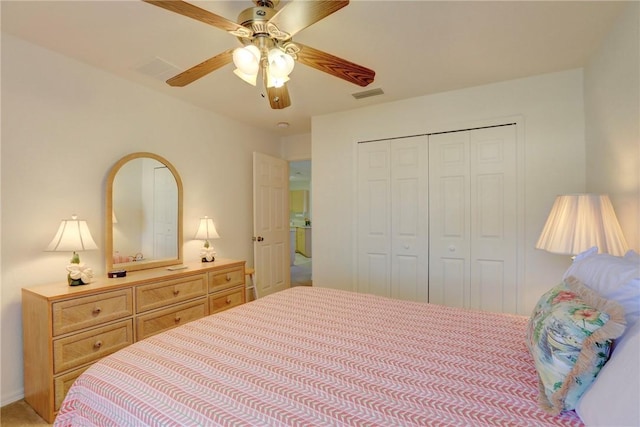 bedroom featuring carpet floors, a closet, and ceiling fan