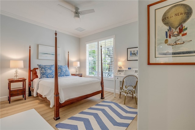 bedroom featuring crown molding, visible vents, light wood-style floors, a ceiling fan, and baseboards