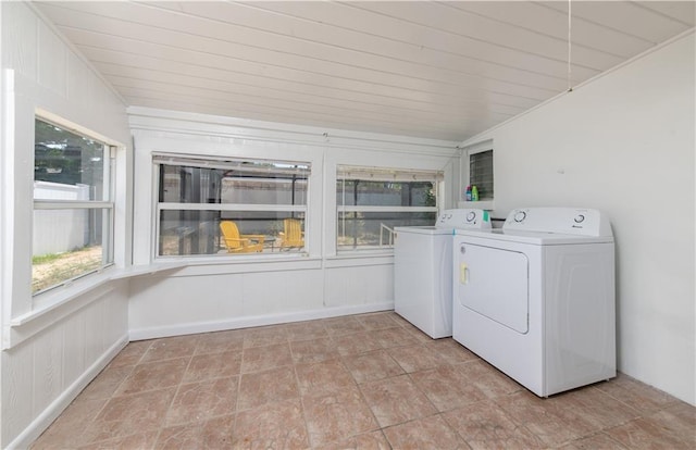 laundry area featuring independent washer and dryer and wooden ceiling