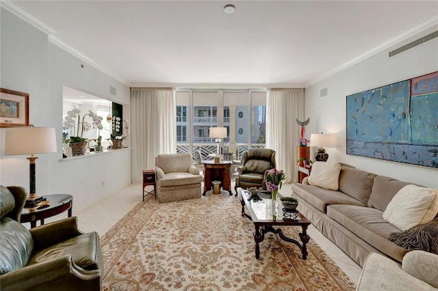 living room with light colored carpet and ornamental molding