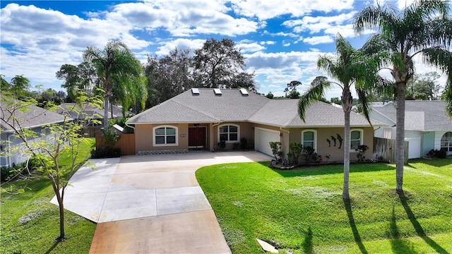 ranch-style house with a front lawn and a garage