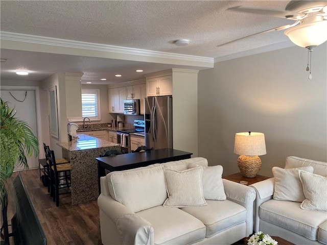 living room featuring sink, crown molding, ceiling fan, a textured ceiling, and dark hardwood / wood-style flooring