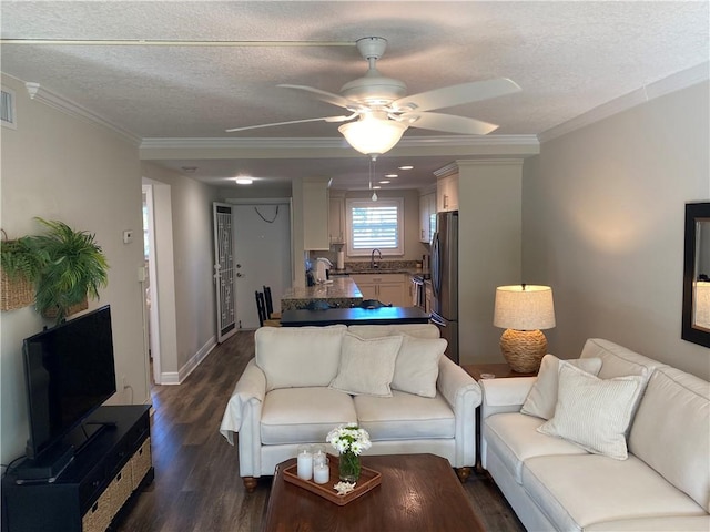 living room featuring sink, dark hardwood / wood-style floors, ceiling fan, ornamental molding, and a textured ceiling