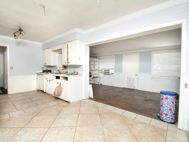 kitchen with cooling unit, ornamental molding, white cabinetry, white dishwasher, and sink