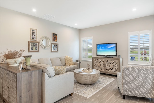 living room featuring hardwood / wood-style flooring and a healthy amount of sunlight