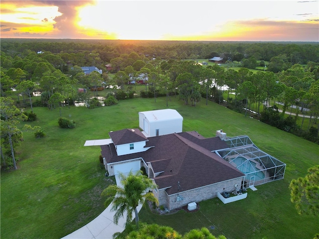 view of aerial view at dusk