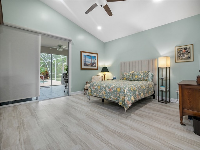 bedroom with access to outside, light hardwood / wood-style floors, and ceiling fan