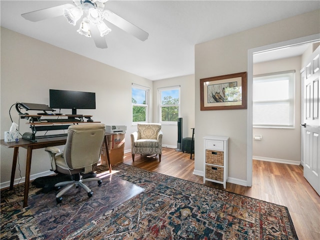 office area featuring hardwood / wood-style flooring and ceiling fan