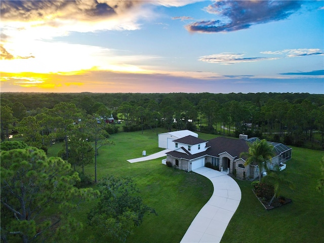 view of aerial view at dusk