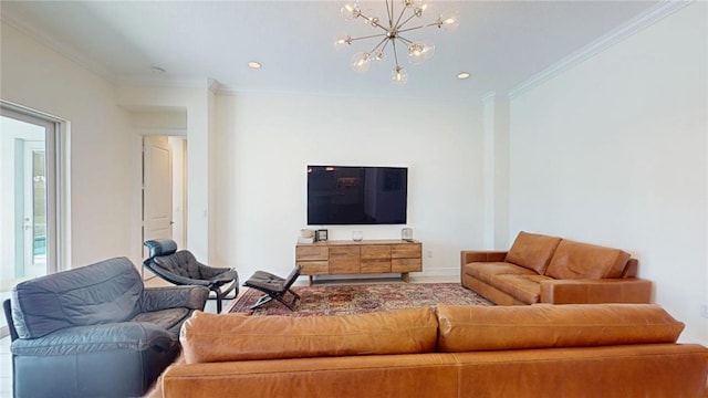 living area with baseboards, ornamental molding, a chandelier, and recessed lighting