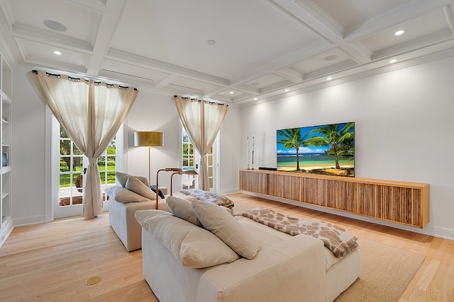 living room featuring light hardwood / wood-style floors, beamed ceiling, crown molding, and coffered ceiling