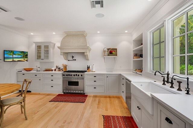 kitchen featuring stainless steel appliances, white cabinetry, sink, custom range hood, and light hardwood / wood-style flooring