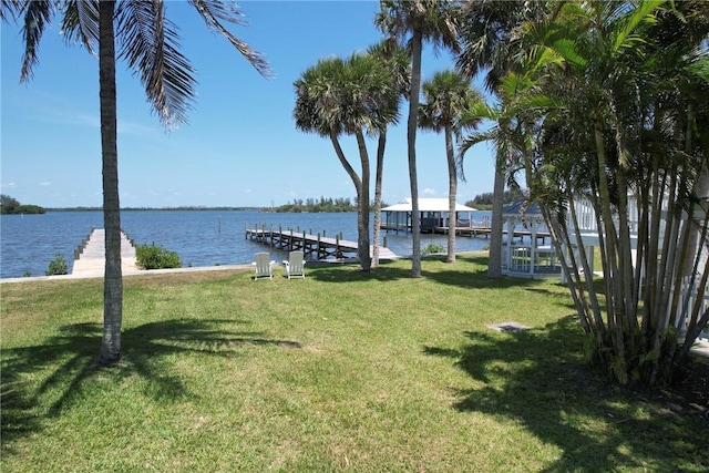 view of yard with a dock and a water view