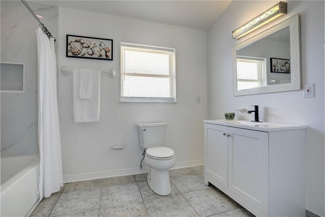 full bathroom with shower / bath combination with curtain, vanity, tile patterned floors, and a wealth of natural light