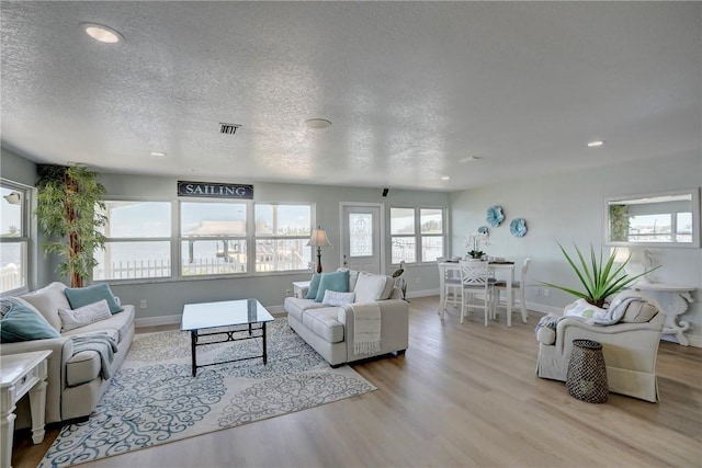 living room featuring light hardwood / wood-style floors and a textured ceiling