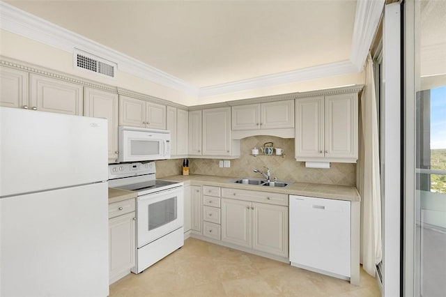 3554 S Ocean Dr Unit 1203, Vero Beach, FL 32963 - kitchen featuring white appliances, light countertops, ornamental molding, and decorative backsplash