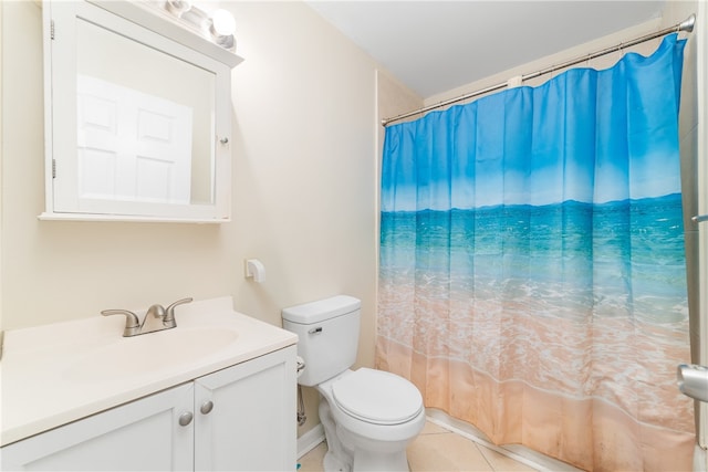 bathroom featuring walk in shower, tile patterned flooring, vanity, and toilet