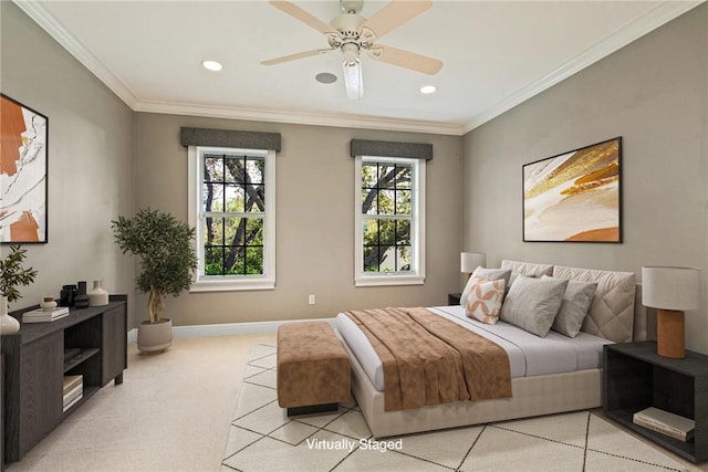 bedroom featuring ornamental molding, recessed lighting, baseboards, and light carpet