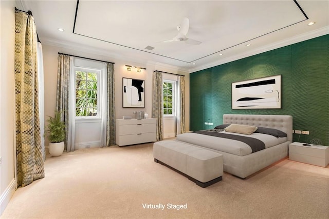 bedroom featuring recessed lighting, multiple windows, crown molding, and wallpapered walls