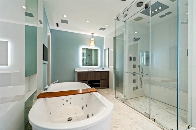 full bathroom with vanity, visible vents, a shower stall, a jetted tub, and marble finish floor