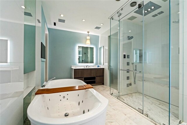 full bath with marble finish floor, a stall shower, a jetted tub, recessed lighting, and vanity