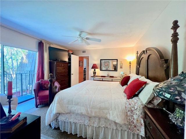 bedroom with ceiling fan, carpet flooring, and access to exterior