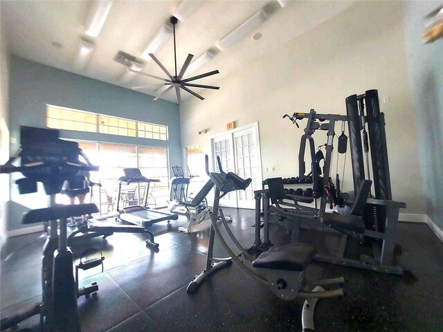 workout area with a high ceiling