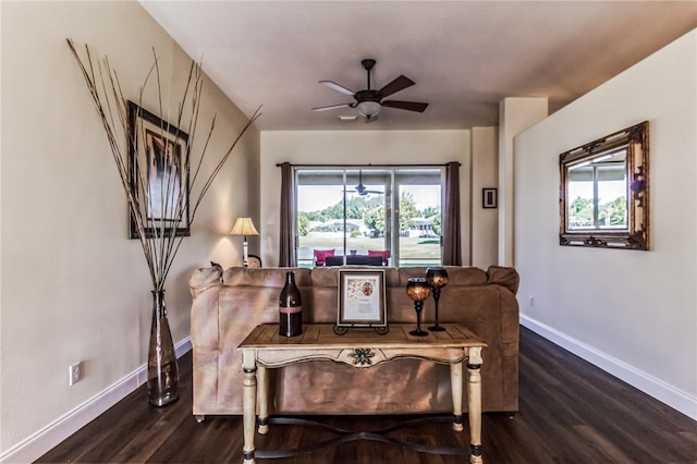 interior space featuring ceiling fan and dark hardwood / wood-style flooring