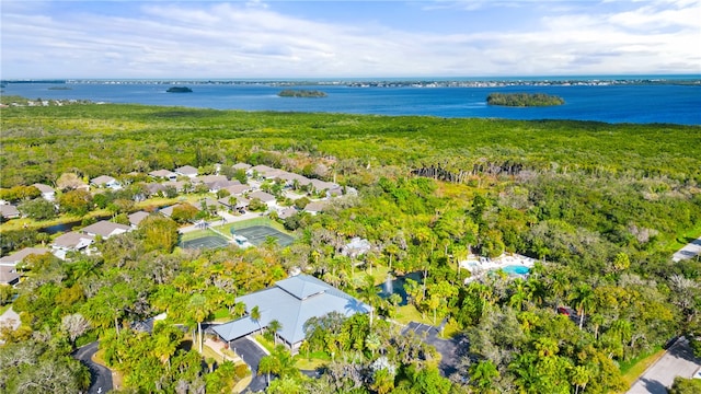 drone / aerial view with a water view