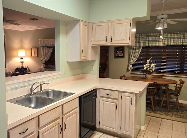 kitchen featuring light tile patterned flooring, sink, kitchen peninsula, and black dishwasher