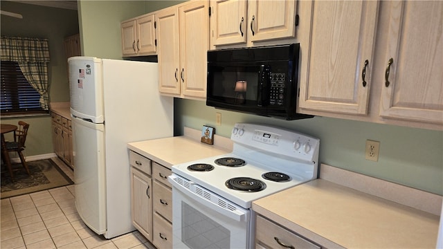 kitchen with light brown cabinets, white appliances, and light tile patterned flooring