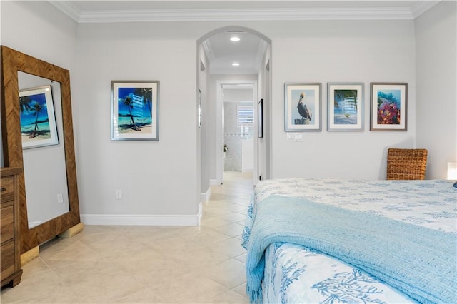 bedroom featuring light tile patterned floors, baseboards, arched walkways, ornamental molding, and recessed lighting