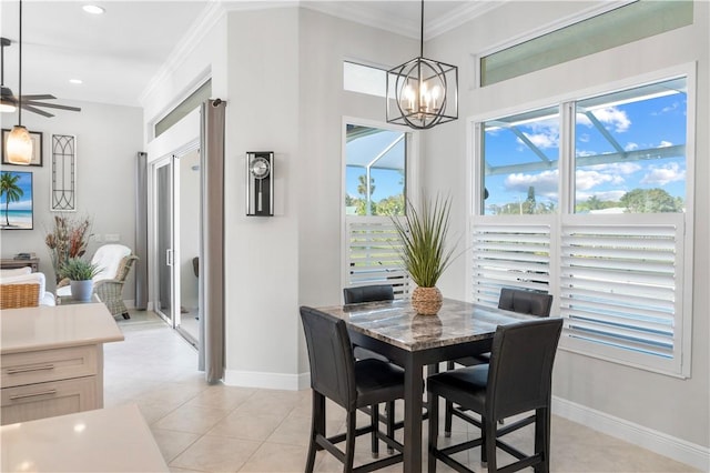 dining space featuring recessed lighting, baseboards, crown molding, and light tile patterned flooring